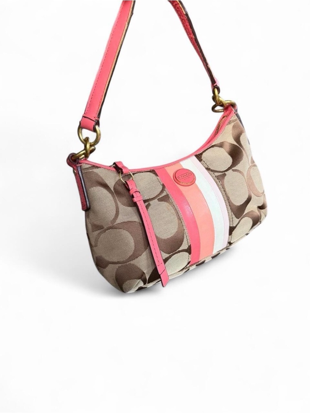 Coach Beige Signature Canvas Shoulder Bag with Pink Stripes - Picture 5 of 15